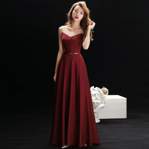 Simple Bordeaux Transparentes Robe De Soirée 2019 Princesse Encolure Dégagée Sans Manches Faux Diamant Ceinture Longue Volants Robe De Ceremonie