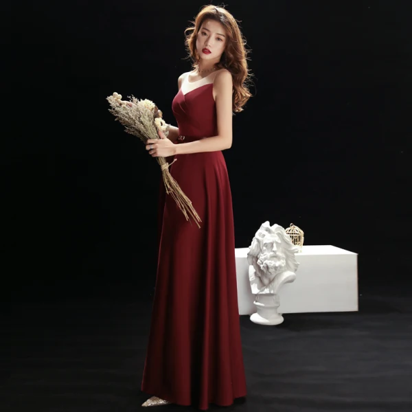Simple Bordeaux Transparentes Robe De Soirée 2019 Princesse Encolure Dégagée Sans Manches Faux Diamant Ceinture Longue Volants Robe De Ceremonie
