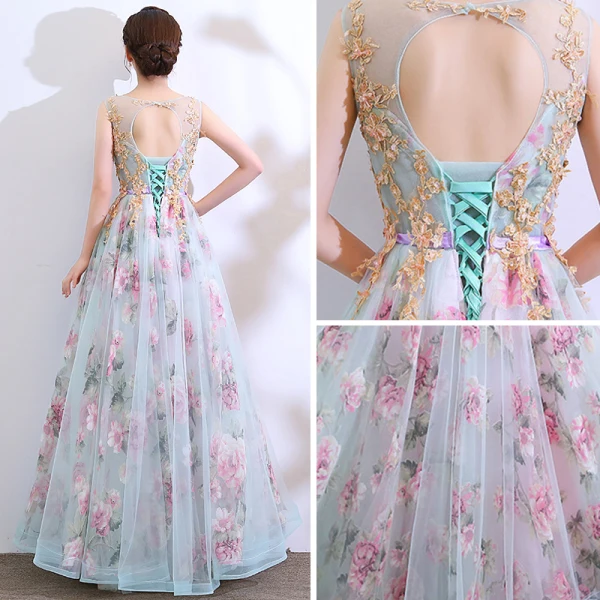 Flower Fairy Pool Blue Prom Dresses 2018 A-Line / Princess See-through Scoop Neck Sleeveless Appliques Lace Printing Flower Tulle Floor-Length / Long Ruffle Backless