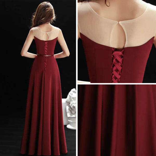 Simple Bordeaux Transparentes Robe De Soirée 2019 Princesse Encolure Dégagée Sans Manches Faux Diamant Ceinture Longue Volants Robe De Ceremonie