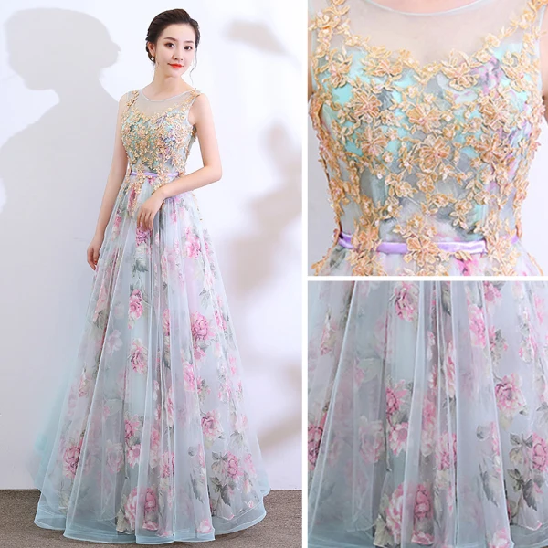 Flower Fairy Pool Blue Prom Dresses 2018 A-Line / Princess See-through Scoop Neck Sleeveless Appliques Lace Printing Flower Tulle Floor-Length / Long Ruffle Backless