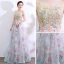 Flower Fairy Pool Blue Prom Dresses 2018 A-Line / Princess See-through Scoop Neck Sleeveless Appliques Lace Printing Flower Tulle Floor-Length / Long Ruffle Backless