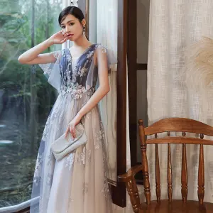 Chic Belle Violet Dégradé De Couleur Blanche Robe De Soirée 2020 Princesse Transparentes Col V Profond Manches Courtes Glitter Tulle Appliques Fleur Perlage Longue Volants Dos Nu Robe De Ceremonie