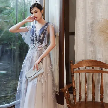 Chic Beautiful Purple Gradient Color White Evening Dresses 2020 A Line Princess See Through Deep V Neck Short Sleeve Glitter Tulle Appliques Flower Beading Floor Length Long Ruffle Backless Formal Dresses