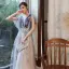 Chic / Beautiful Purple Gradient-Color White Evening Dresses  2020 A-Line / Princess See-through Deep V-Neck Short Sleeve Glitter Tulle Appliques Flower Beading Floor-Length / Long Ruffle Backless Formal Dresses