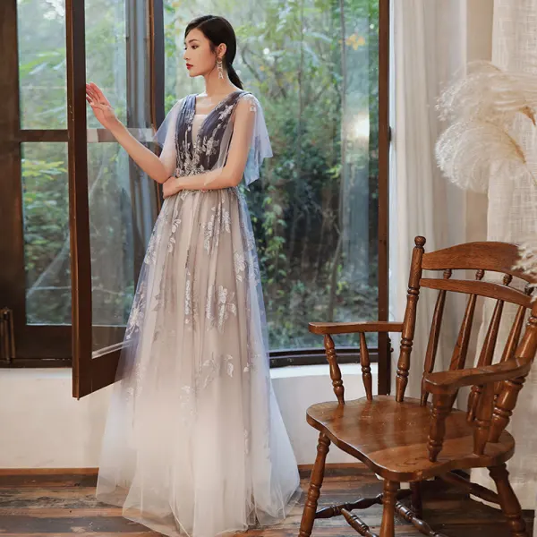 Chic / Beautiful Purple Gradient-Color White Evening Dresses  2020 A-Line / Princess See-through Deep V-Neck Short Sleeve Glitter Tulle Appliques Flower Beading Floor-Length / Long Ruffle Backless Formal Dresses