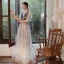 Chic / Beautiful Purple Gradient-Color White Evening Dresses  2020 A-Line / Princess See-through Deep V-Neck Short Sleeve Glitter Tulle Appliques Flower Beading Floor-Length / Long Ruffle Backless Formal Dresses
