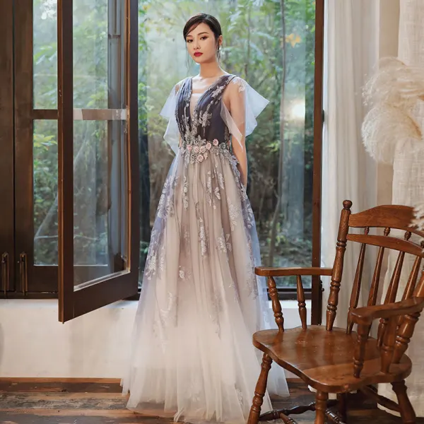 Chic / Beautiful Purple Gradient-Color White Evening Dresses  2020 A-Line / Princess See-through Deep V-Neck Short Sleeve Glitter Tulle Appliques Flower Beading Floor-Length / Long Ruffle Backless Formal Dresses