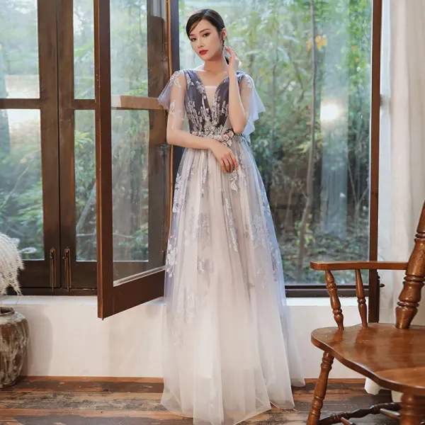 Chic / Beautiful Purple Gradient-Color White Evening Dresses  2020 A-Line / Princess See-through Deep V-Neck Short Sleeve Glitter Tulle Appliques Flower Beading Floor-Length / Long Ruffle Backless Formal Dresses