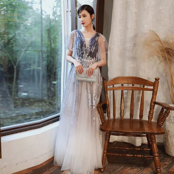 Chic / Beautiful Purple Gradient-Color White Evening Dresses  2020 A-Line / Princess See-through Deep V-Neck Short Sleeve Glitter Tulle Appliques Flower Beading Floor-Length / Long Ruffle Backless Formal Dresses