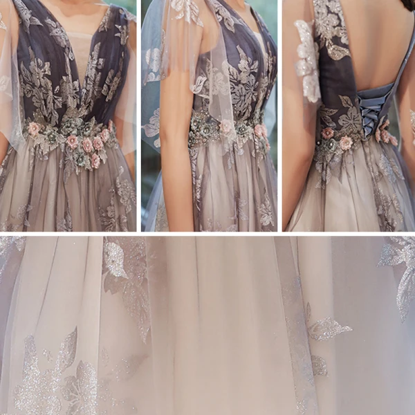 Chic / Beautiful Purple Gradient-Color White Evening Dresses  2020 A-Line / Princess See-through Deep V-Neck Short Sleeve Glitter Tulle Appliques Flower Beading Floor-Length / Long Ruffle Backless Formal Dresses