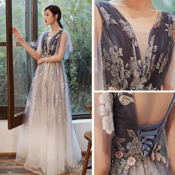 Chic / Beautiful Purple Gradient-Color White Evening Dresses  2020 A-Line / Princess See-through Deep V-Neck Short Sleeve Glitter Tulle Appliques Flower Beading Floor-Length / Long Ruffle Backless Formal Dresses