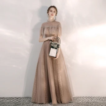 Vintage Originale Champagne Robe De Soirée 2020 Princesse Col Haut Manches Courtes Perlage Longue Volants Dos Nu Robe De Ceremonie