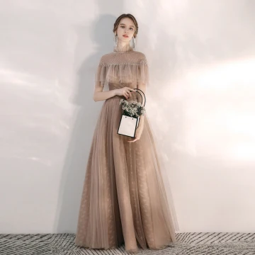 Vintage Champagne Aftonklänningar 2020 Prinsessa Hög Hals Korta Ärm Beading Långa Ruffle Halterneck Formella Klänningar