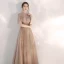 Vintage / Originale Champagne Robe De Soirée 2020 Princesse Col Haut Manches Courtes Perlage Longue Volants Dos Nu Robe De Ceremonie