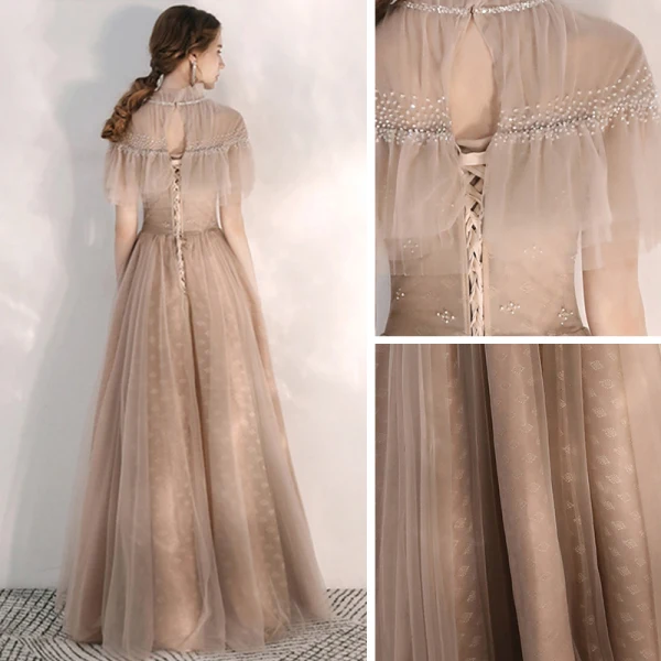 Vintage / Originale Champagne Robe De Soirée 2020 Princesse Col Haut Manches Courtes Perlage Longue Volants Dos Nu Robe De Ceremonie