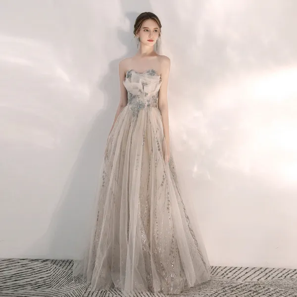 Elegant Champagne Evening Dresses  2020 A-Line / Princess Sweetheart Sleeveless Beading Glitter Tulle Floor-Length / Long Ruffle Backless Formal Dresses
