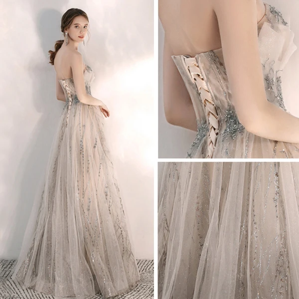 Elegant Champagne Selskapskjoler 2020 Prinsesse Kjæreste Uten Ermer Beading Glitter Tyll Lange Buste Ryggløse Formelle Kjoler