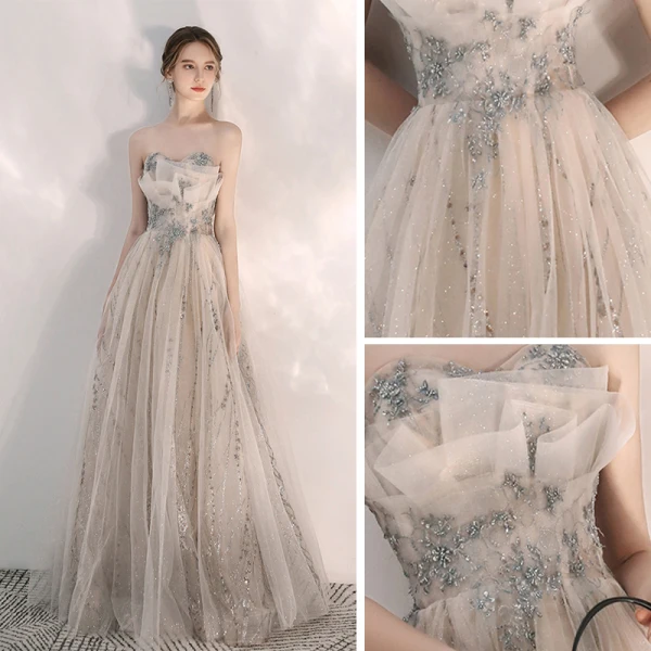 Elegant Champagne Selskapskjoler 2020 Prinsesse Kjæreste Uten Ermer Beading Glitter Tyll Lange Buste Ryggløse Formelle Kjoler