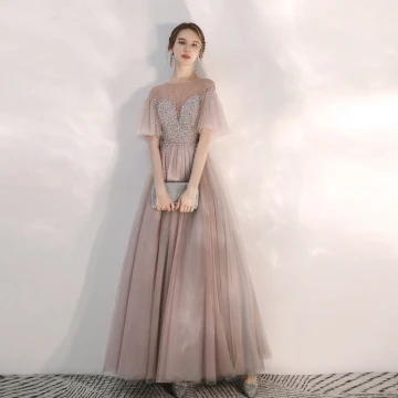 Élégant Perle Rose Transparentes Robe De Soirée 2020 Princesse Encolure Carrée Manches Courtes Manches De Cloche Perlage Longue Volants Dos Nu Robe De Ceremonie
