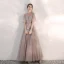 Eleganta Pärla Rosa Genomskinliga Aftonklänningar 2020 Prinsessa Fyrkantig Ringning Korta ärm Bell ärmar Beading Långa Ruffle Halterneck Formella Klänningar