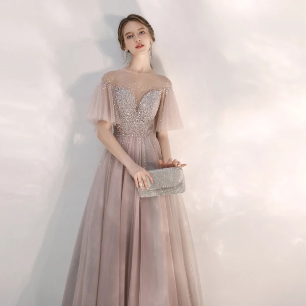 Eleganta Pärla Rosa Genomskinliga Aftonklänningar 2020 Prinsessa Fyrkantig Ringning Korta ärm Bell ärmar Beading Långa Ruffle Halterneck Formella Klänningar