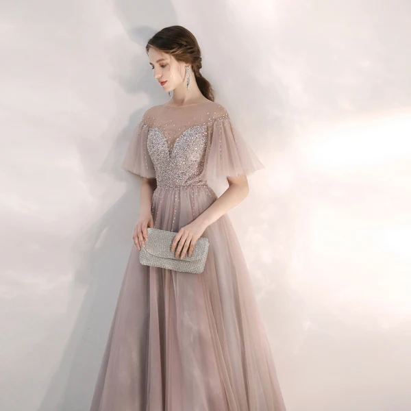 Eleganta Pärla Rosa Genomskinliga Aftonklänningar 2020 Prinsessa Fyrkantig Ringning Korta ärm Bell ärmar Beading Långa Ruffle Halterneck Formella Klänningar