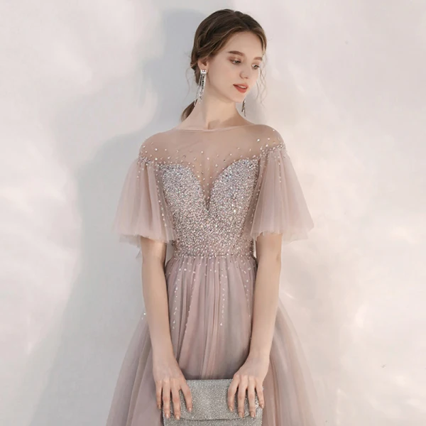 Eleganta Pärla Rosa Genomskinliga Aftonklänningar 2020 Prinsessa Fyrkantig Ringning Korta ärm Bell ärmar Beading Långa Ruffle Halterneck Formella Klänningar