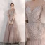 Eleganta Pärla Rosa Genomskinliga Aftonklänningar 2020 Prinsessa Fyrkantig Ringning Korta ärm Bell ärmar Beading Långa Ruffle Halterneck Formella Klänningar