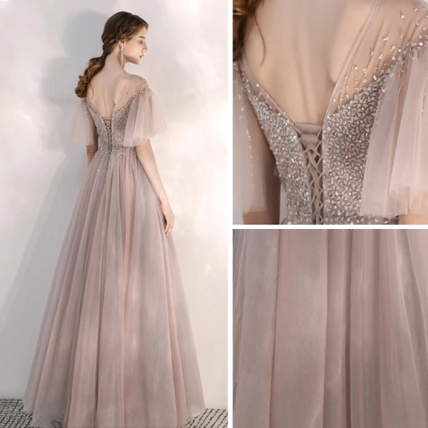 Eleganta Pärla Rosa Genomskinliga Aftonklänningar 2020 Prinsessa Fyrkantig Ringning Korta ärm Bell ärmar Beading Långa Ruffle Halterneck Formella Klänningar
