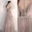 Eleganta Pärla Rosa Genomskinliga Aftonklänningar 2020 Prinsessa Fyrkantig Ringning Korta ärm Bell ärmar Beading Långa Ruffle Halterneck Formella Klänningar