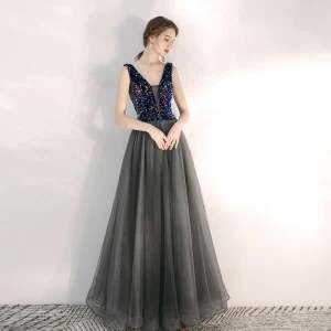 Charming Grey Evening Dresses 2020 A Line Princess See Through Deep V Neck Sleeveless Beading Floor Length Long Ruffle Backless Formal Dresses