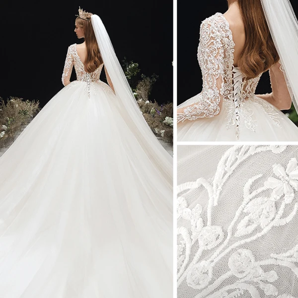 Illusion Ivoire Transparentes Enceinte Robe De Mariée 2020 Empire V-Cou 3/4 Manches Dos Nu Percé Appliques En Dentelle Perlage Chapel Train Volants
