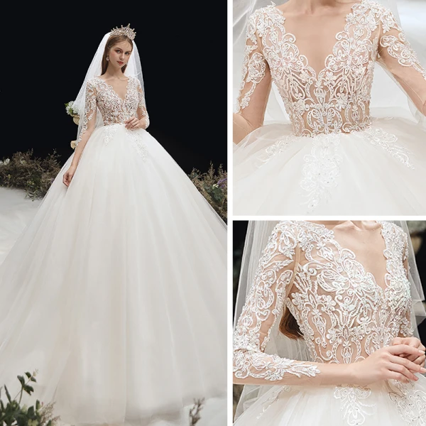 Illusion Ivoire Transparentes Enceinte Robe De Mariée 2020 Empire V-Cou 3/4 Manches Dos Nu Percé Appliques En Dentelle Perlage Chapel Train Volants