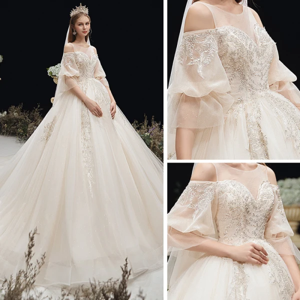 Victorian Style Champagne See-through Pregnant Wedding Dresses 2020 Empire Scoop Neck Puffy 3/4 Sleeve Backless Appliques Lace Beading Glitter Tulle Cathedral Train Ruffle