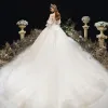 Victorian Style Champagne See-through Pregnant Wedding Dresses 2020 Empire Scoop Neck Puffy 3/4 Sleeve Backless Appliques Lace Beading Glitter Tulle Cathedral Train Ruffle