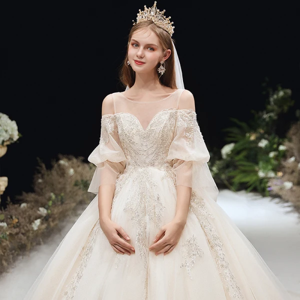 Victorian Style Champagne See-through Pregnant Wedding Dresses 2020 Empire Scoop Neck Puffy 3/4 Sleeve Backless Appliques Lace Beading Glitter Tulle Cathedral Train Ruffle