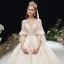 Victorian Style Champagne See-through Pregnant Wedding Dresses 2020 Empire Scoop Neck Puffy 3/4 Sleeve Backless Appliques Lace Beading Glitter Tulle Cathedral Train Ruffle