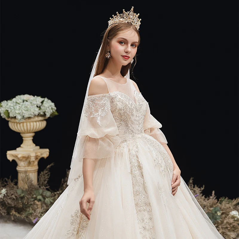 Victorian Style Champagne See Through Pregnant Wedding Dresses 2020 Empire  Scoop Neck Puffy 3 4 Sleeve Backless Appliques Lace Beading Glitter Tulle  Cathedral Train Ruffle
