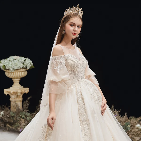 Victorian Style Champagne See-through Pregnant Wedding Dresses 2020 Empire Scoop Neck Puffy 3/4 Sleeve Backless Appliques Lace Beading Glitter Tulle Cathedral Train Ruffle