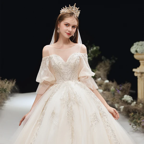 Victorian Style Champagne See-through Pregnant Wedding Dresses 2020 Empire Scoop Neck Puffy 3/4 Sleeve Backless Appliques Lace Beading Glitter Tulle Cathedral Train Ruffle