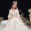 Victorian Style Champagne See-through Pregnant Wedding Dresses 2020 Empire Scoop Neck Puffy 3/4 Sleeve Backless Appliques Lace Beading Glitter Tulle Cathedral Train Ruffle
