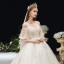 Victorian Style Champagne See-through Pregnant Wedding Dresses 2020 Empire Scoop Neck Puffy 3/4 Sleeve Backless Appliques Lace Beading Glitter Tulle Cathedral Train Ruffle