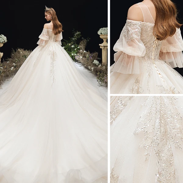 Victorian Style Champagne See-through Pregnant Wedding Dresses 2020 Empire Scoop Neck Puffy 3/4 Sleeve Backless Appliques Lace Beading Glitter Tulle Cathedral Train Ruffle