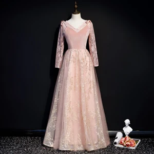 Chic Belle Perle Rose Hiver Daim Robe De Soirée 2020 Princesse V Cou Manches Longues Appliques Paillettes Longue Volants Dos Nu Robe De Ceremonie