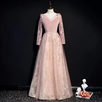 Mooie Prachtige Parel Roze Winter Suede Avondjurken 2020 A Lijn V Hals Lange Mouwen Appliques Pailletten Lange Ruche Ruglooze Gelegenheid Jurken