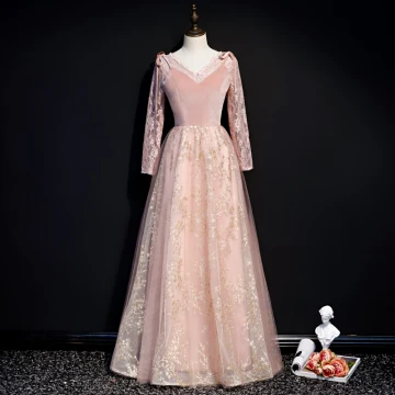 Chic Beautiful Pearl Pink Winter Suede Evening Dresses 2020 A Line Princess V Neck Long Sleeve Appliques Sequins Floor Length Long Ruffle Backless Formal Dresses