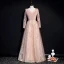 Chic / Beautiful Pearl Pink Winter Suede Evening Dresses  2020 A-Line / Princess V-Neck Long Sleeve Appliques Sequins Floor-Length / Long Ruffle Backless Formal Dresses