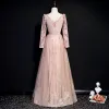 Chic / Beautiful Pearl Pink Winter Suede Evening Dresses  2020 A-Line / Princess V-Neck Long Sleeve Appliques Sequins Floor-Length / Long Ruffle Backless Formal Dresses