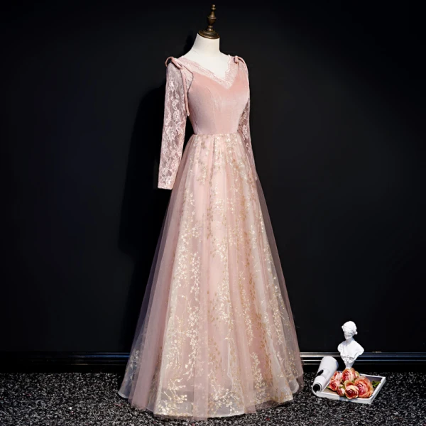 Chic / Beautiful Pearl Pink Winter Suede Evening Dresses  2020 A-Line / Princess V-Neck Long Sleeve Appliques Sequins Floor-Length / Long Ruffle Backless Formal Dresses